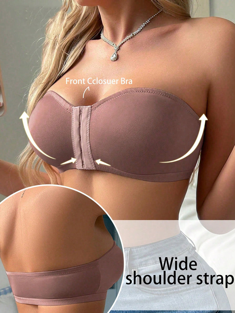 Women's Simple Front Button Multi-Ribbed Wireless Comfortable Non-Reducing Bra RosyBrown