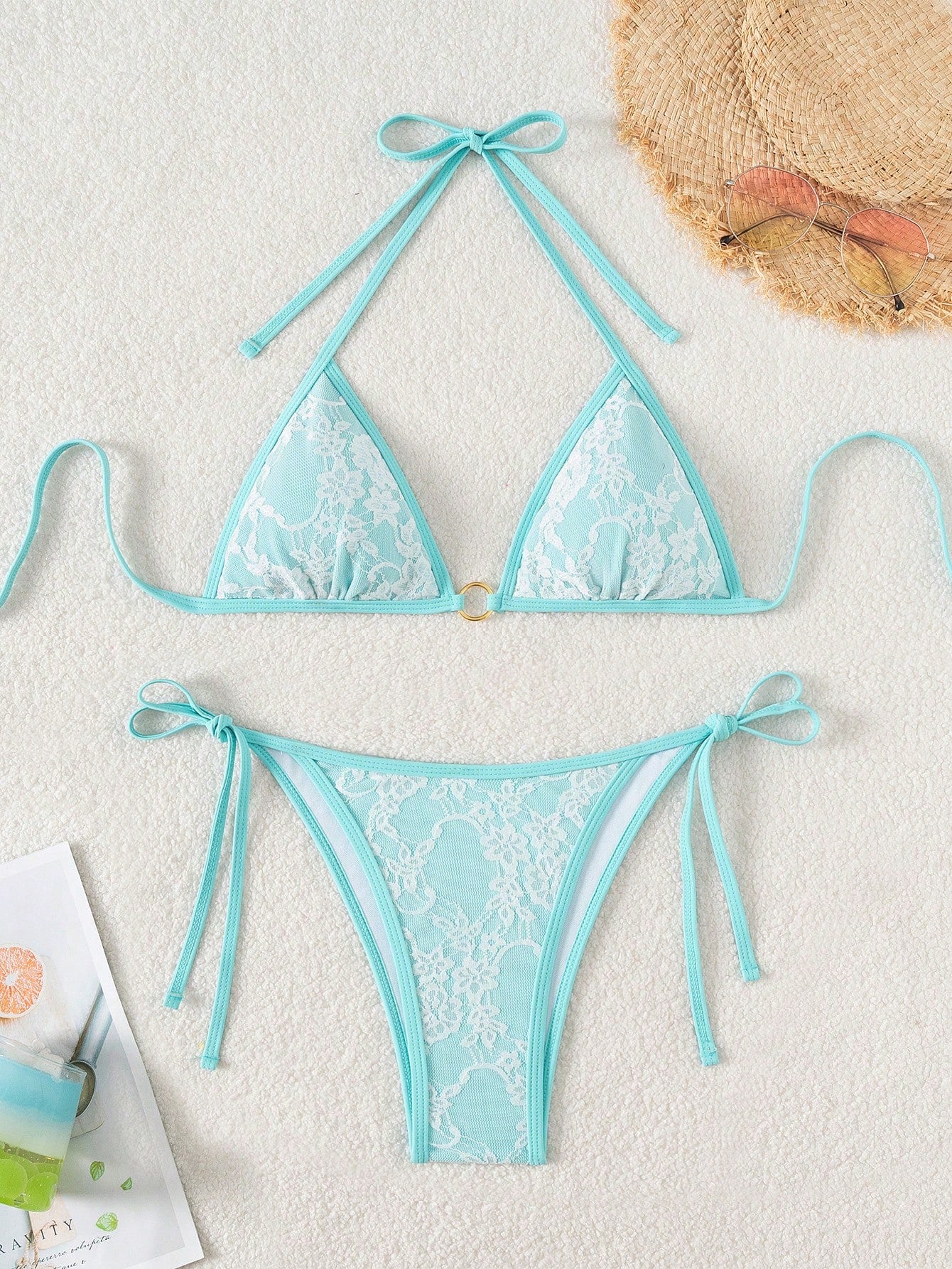 Summer Beach Sexy Backless Strappy Floral Lace Triangle Bag Bikini Set DeepSkyBlue-Small Flower