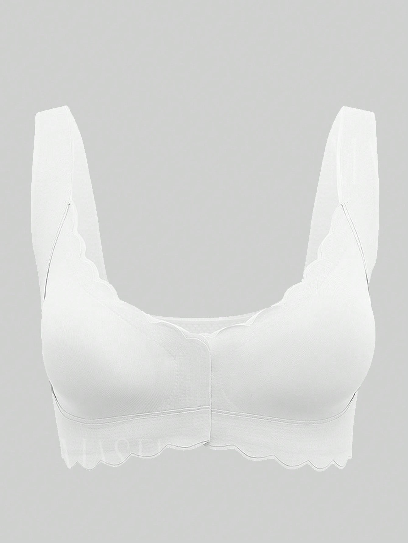 Scoop Neck Wireless Seamless Front Closure Wide Strap Ruffled Removable Padded Bra