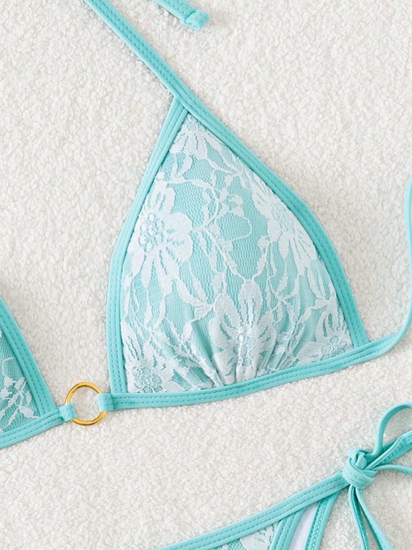 Summer Beach Sexy Backless Strappy Floral Lace Triangle Bag Bikini Set LightCyan-Large Flower