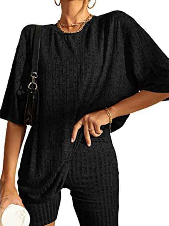 Fashionable Ribbed Knitted T-shirt Shorts Pajamas Home Clothes 2-piece Set Black