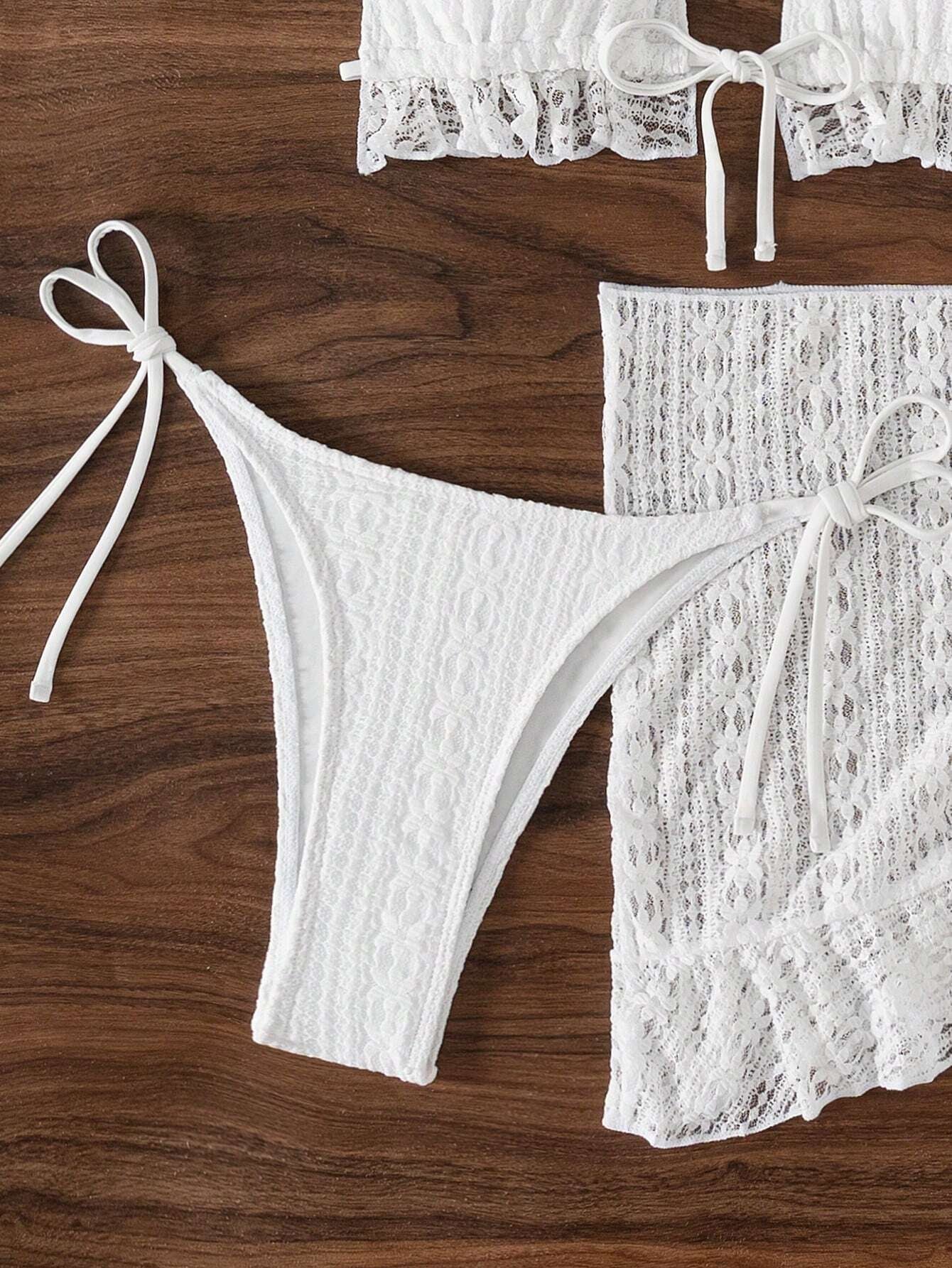 Sexy Three Piece Gauze Skirt Swimsuit Bikini Hanging Neck Swimsuit White