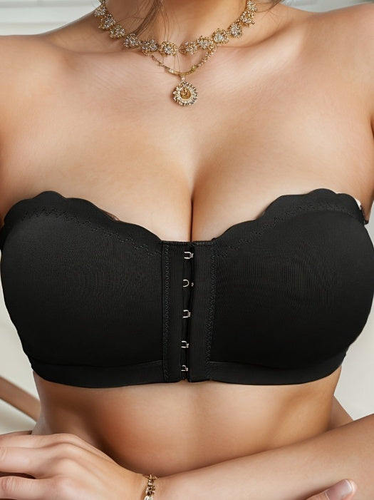 Front-Closure Breathable Supportive Bra with Wavy Trim Black