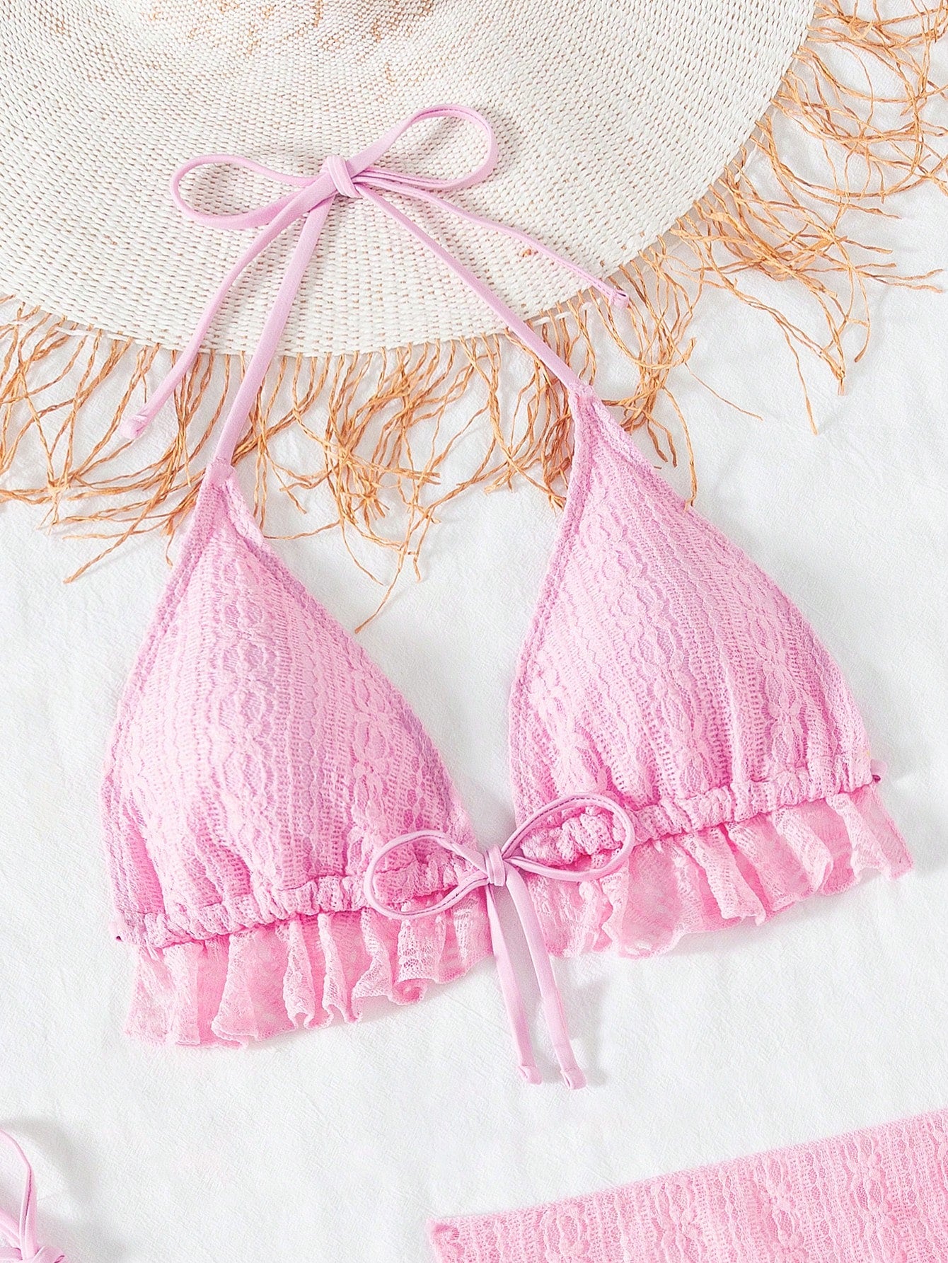 Sexy Three Piece Gauze Skirt Swimsuit Bikini Hanging Neck Swimsuit Pink