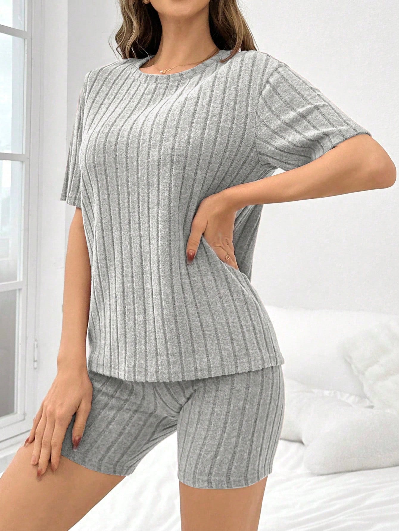 Women Solid Color Brushed Ribbed Loose Crew Neck Short Sleeve Top & Shorts Pajama Set LightGray