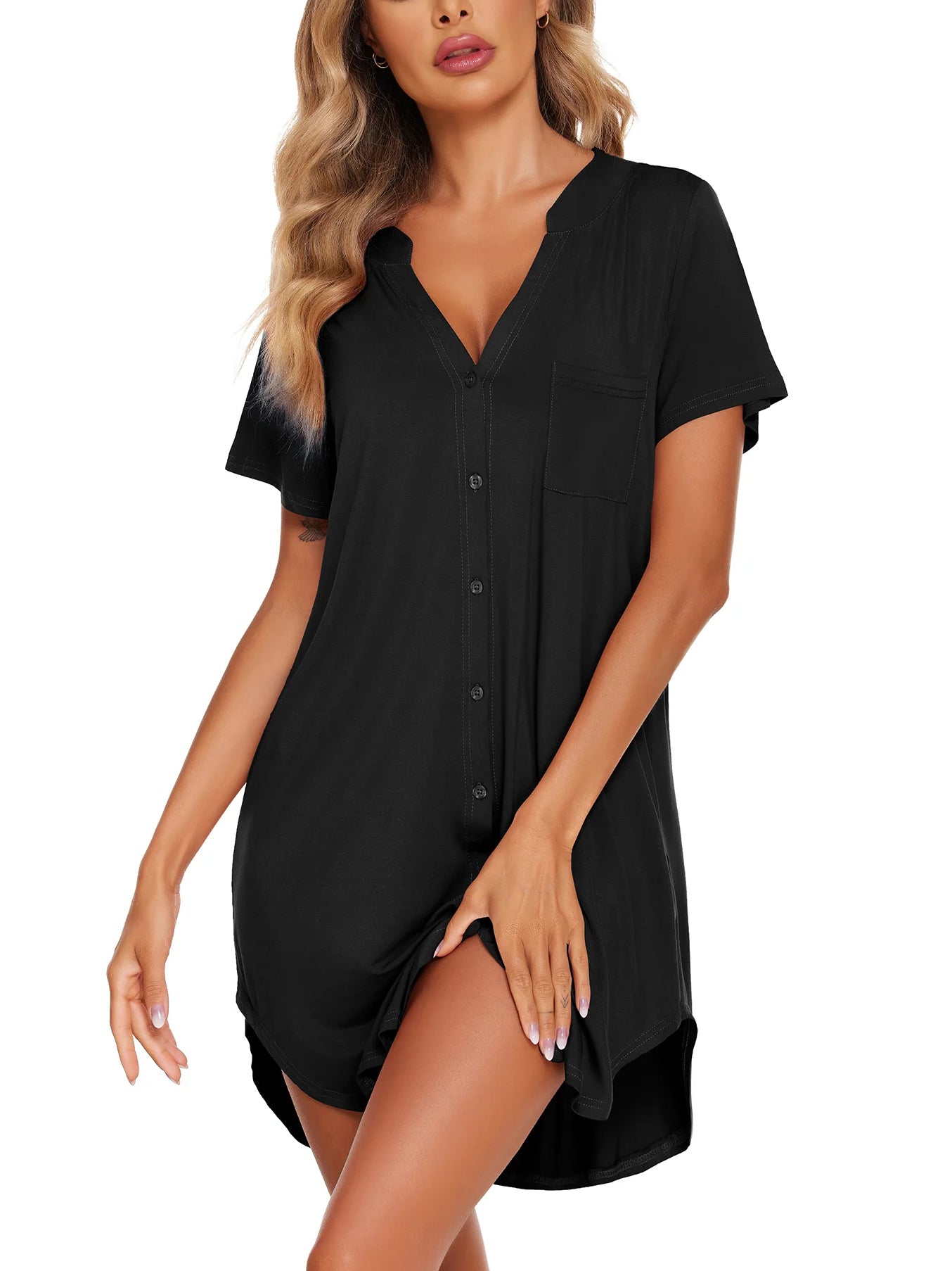 Loose Short Sleeve Button Dress Midi Shirt V Neck Nightdress