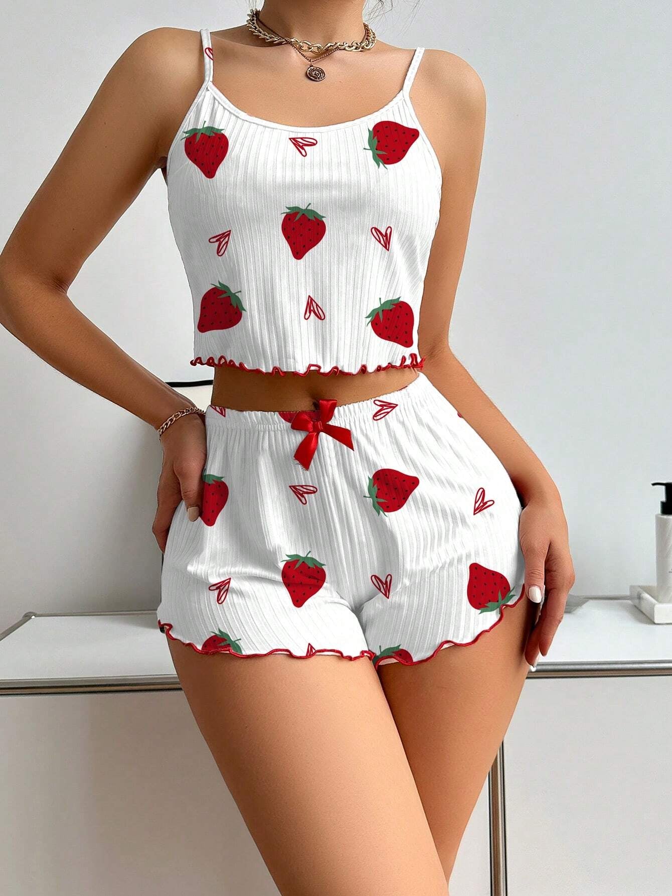 Strawberry Print Camisole And Shorts Pajamas Set White