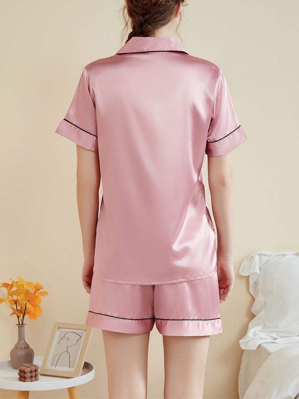 Threaded Solid Color Short Sleeve Shorts Casual Lapel Loungewear Set Pink