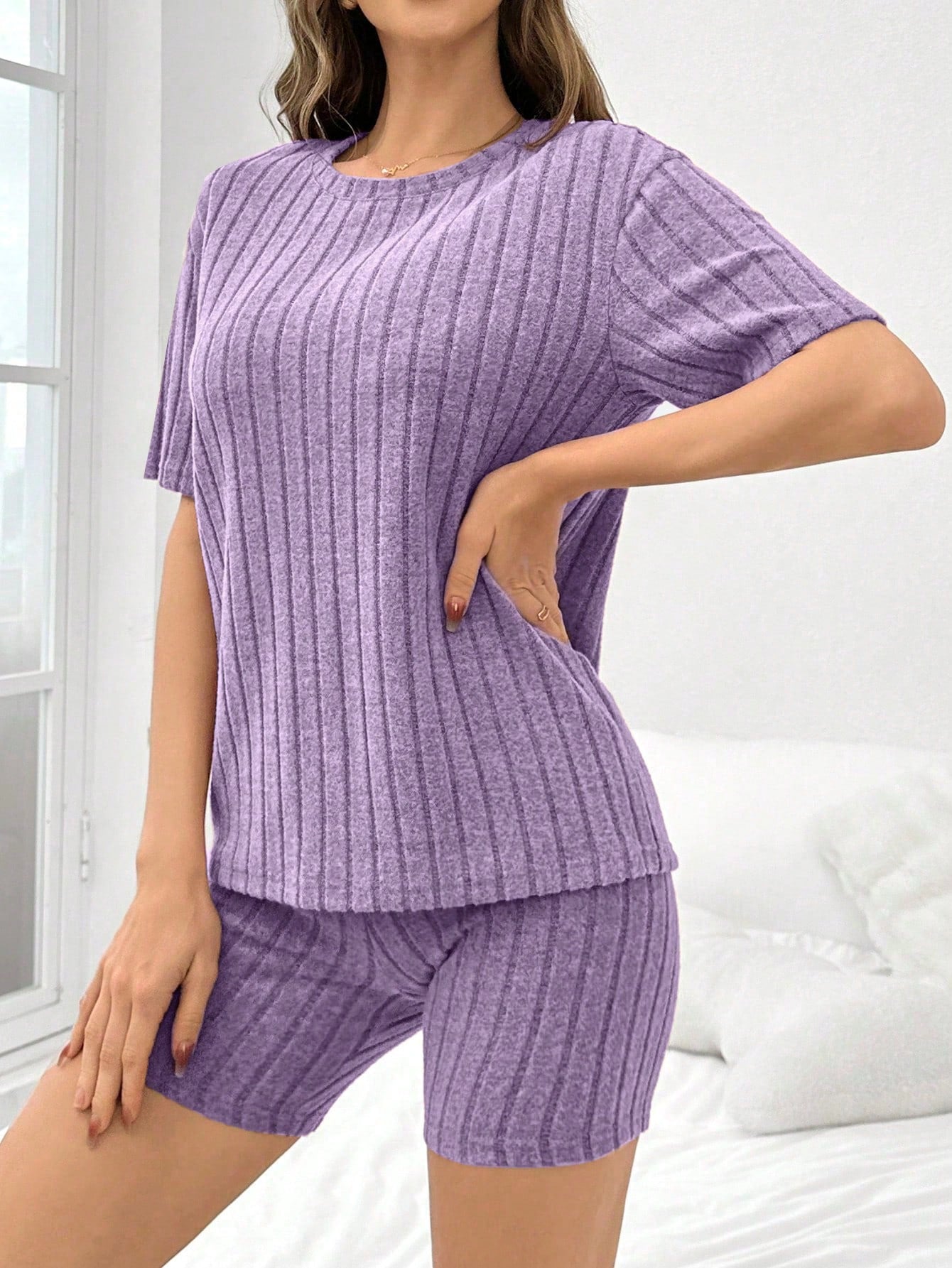 Women Solid Color Brushed Ribbed Loose Crew Neck Short Sleeve Top & Shorts Pajama Set Violet