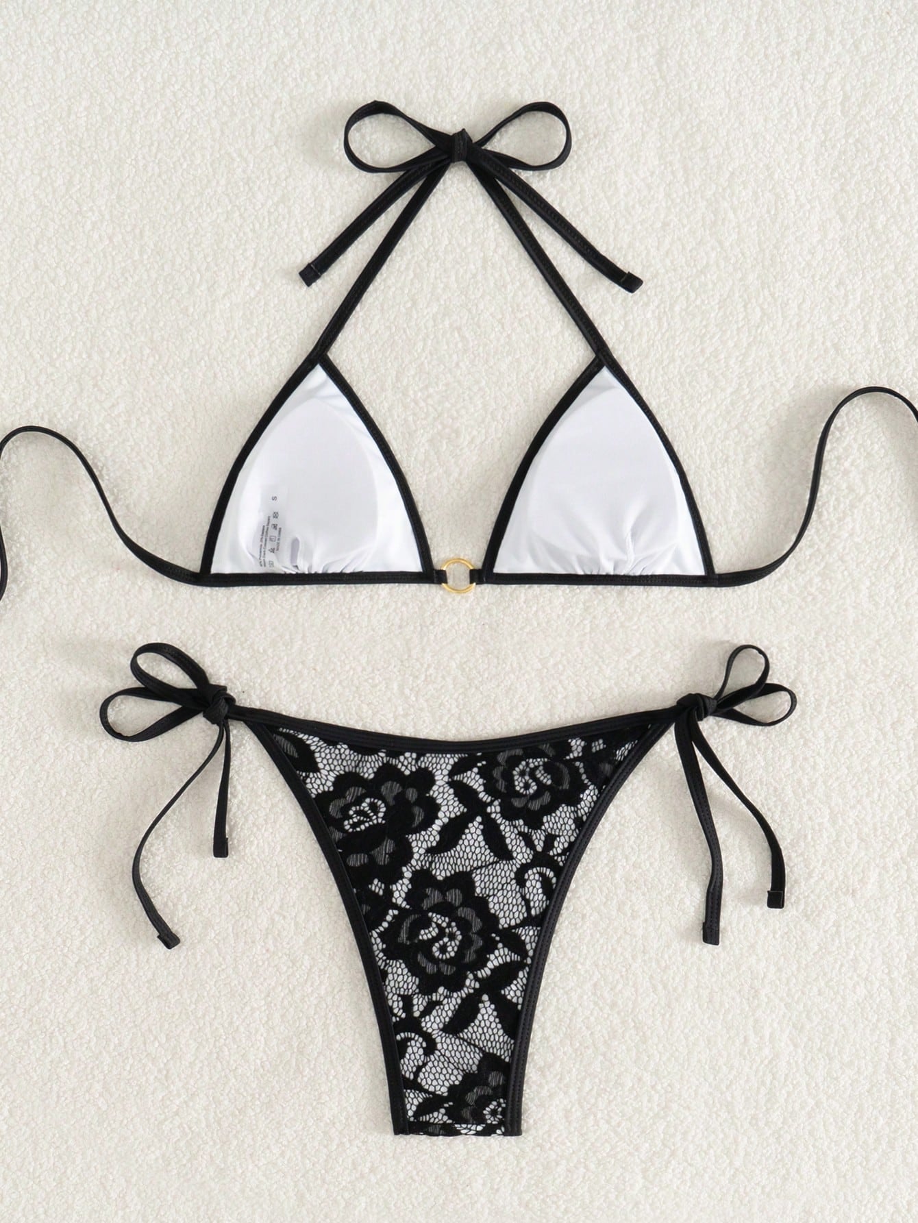 Summer Beach Sexy Backless Strappy Floral Lace Triangle Bag Bikini Set White-Large Flower