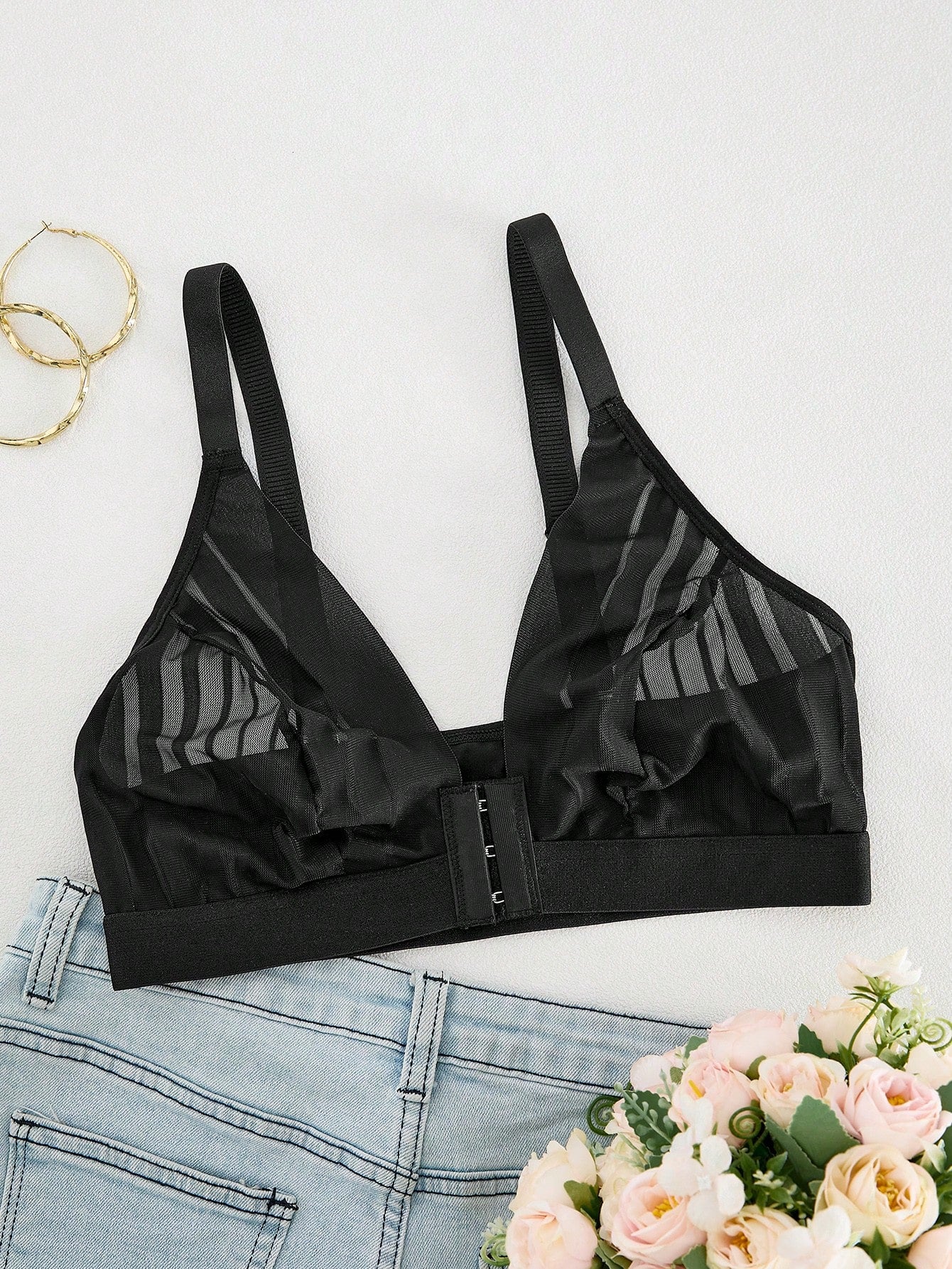 Front-Clasp Lace Patchwork Sheer Lightweight Wireless Bra