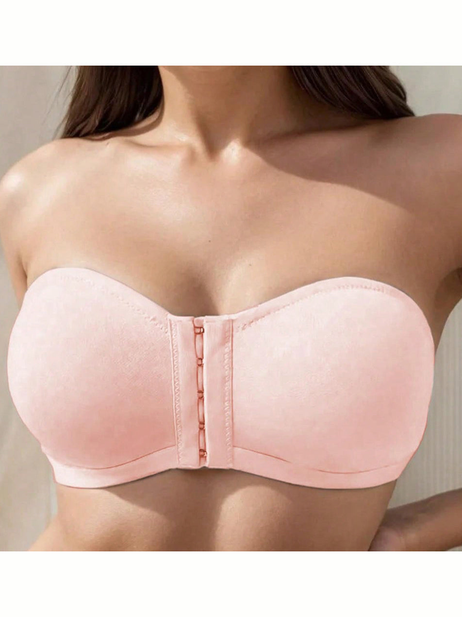 Women's Simple Front Button Multi-Ribbed Wireless Comfortable Non-Reducing Bra Pink