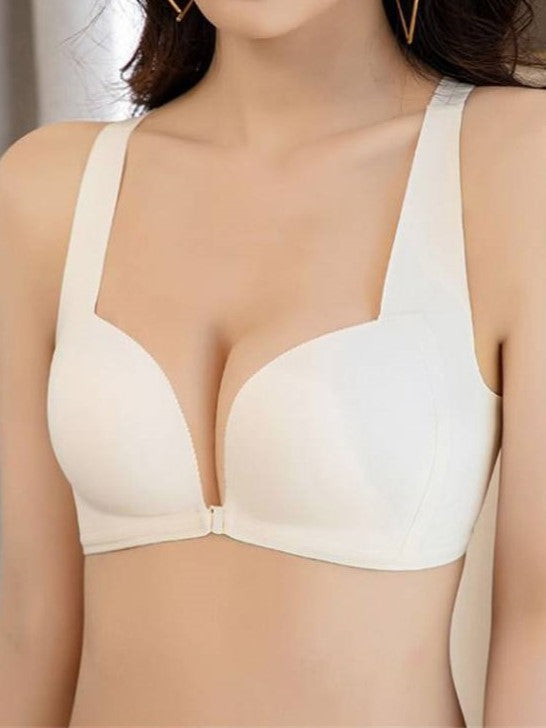 Front Closure Criss Cross Back Push Up Plunge Wireless Bra Ivory