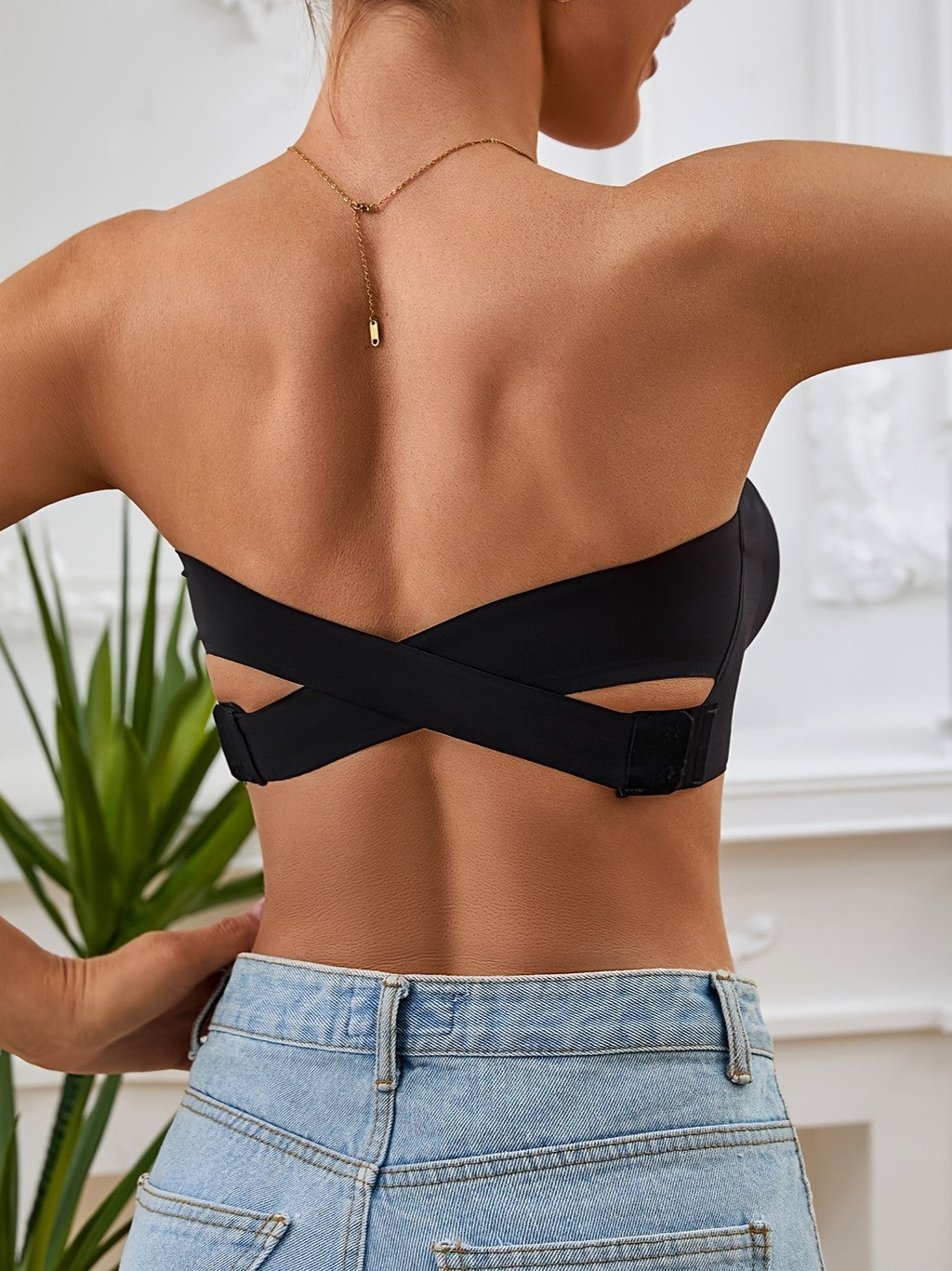 Women's Casual Seamless Simple Side Button Bandeau Bra Black