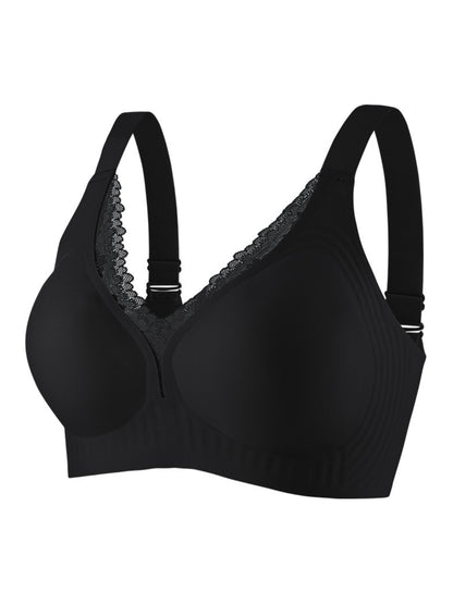 V-neck Lace Stitching Seamless Push-up Wireless Bra Black