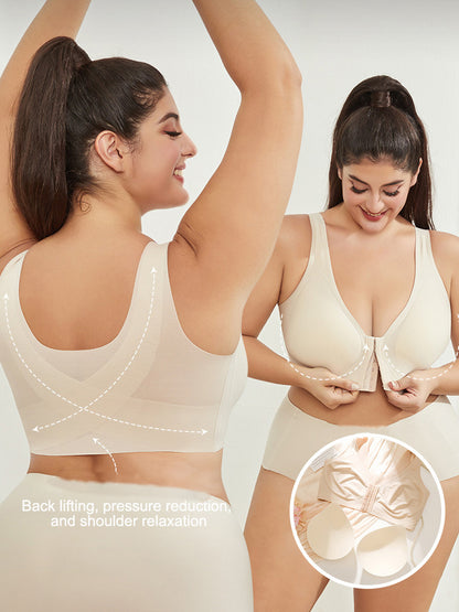 Smooth front clasp large size back support wireless bra Tan