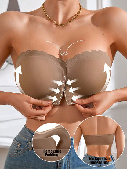 Front Closure Wireless Strapless Bra Brown