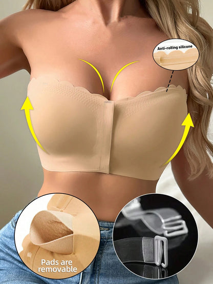 Front Closure Wireless Strapless Bra Beige