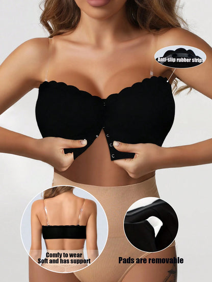 Front Closure Wireless Strapless Bra Black