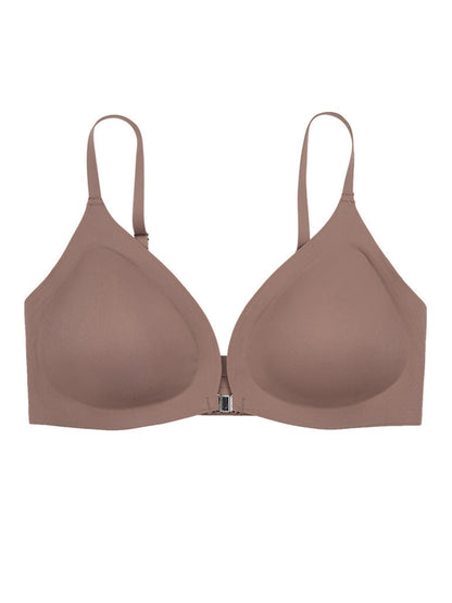 Comfortable Adjustable Straps Deep V Front Button Solid Color Wireless Bra Milkcoffee