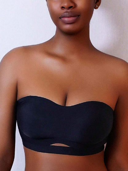 Solid Color Seamless Cutout Sexy Strapless Push-Up Bra Black