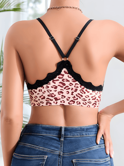 Comfort Adjustable Straps Deep V Front Button Leopard Print Wireless Bra