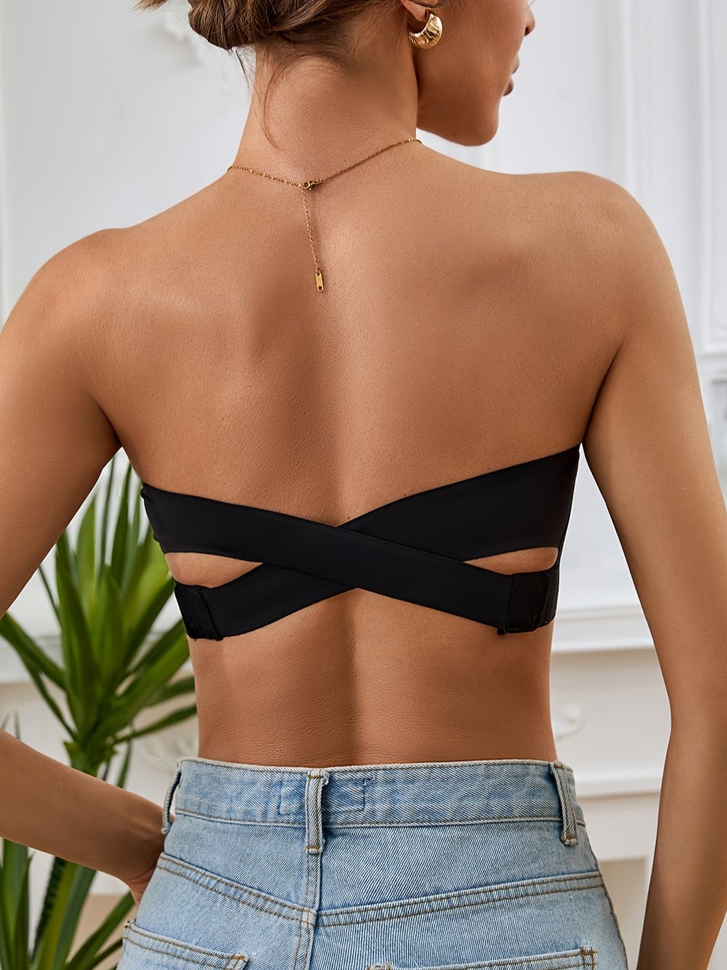 Women's Casual Seamless Simple Side Button Bandeau Bra Black