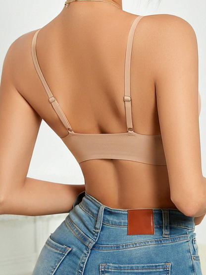 Solid Color Front Button Deep V Wireless Bra Tan