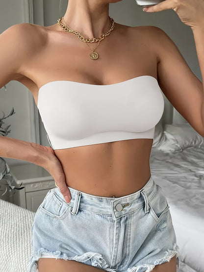 Women's Casual Seamless Simple Side Button Bandeau Bra White