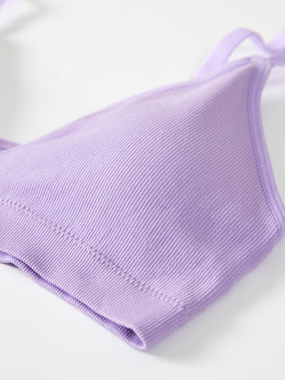 Deep V Solid Color Ribbed Knit Seamless Bra Violet