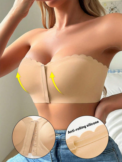 Front Closure Wireless Strapless Bra Beige