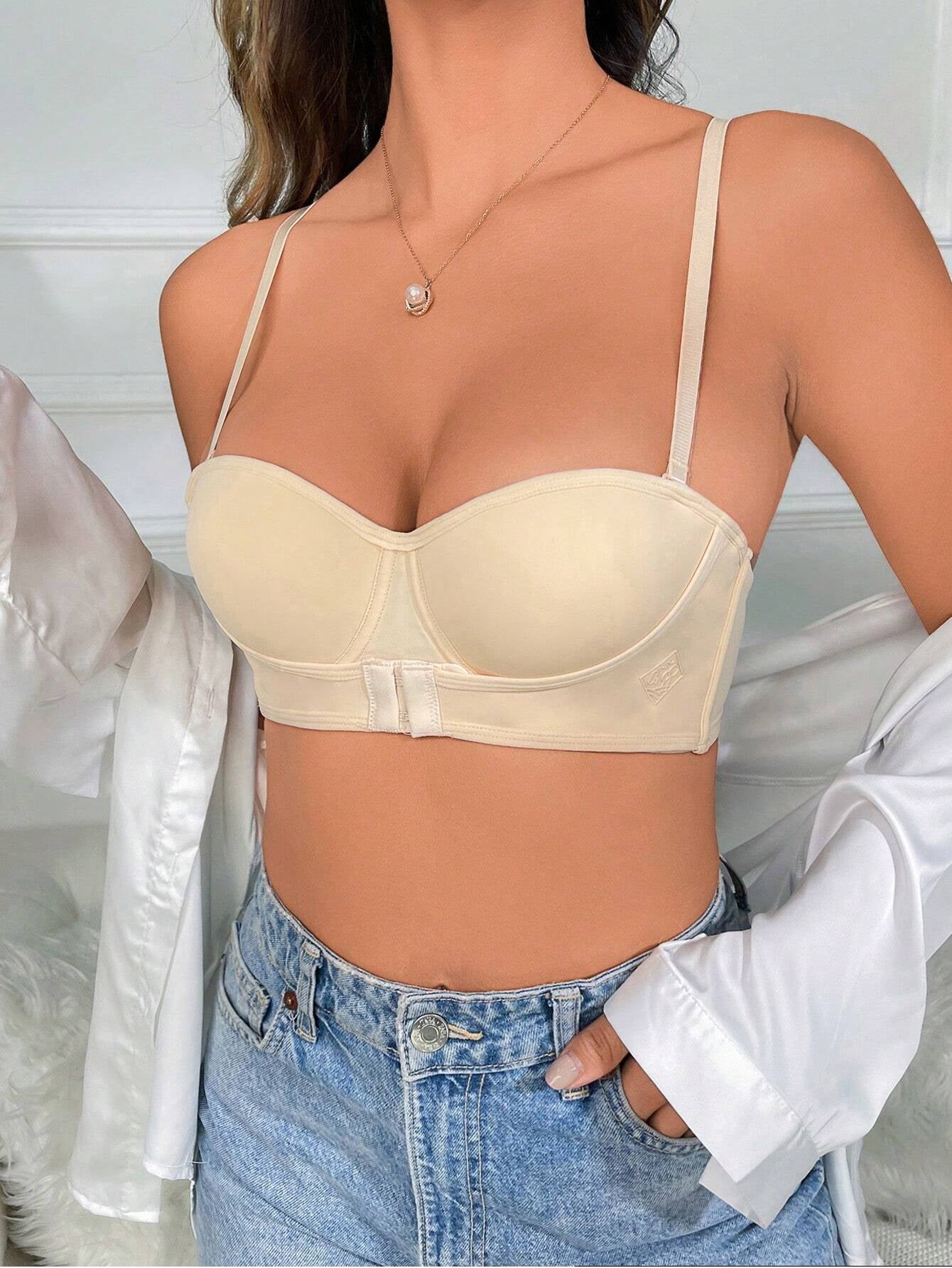 Sexy Half Cup Front and Back Clasp Gathered Non-slip Bra Beige