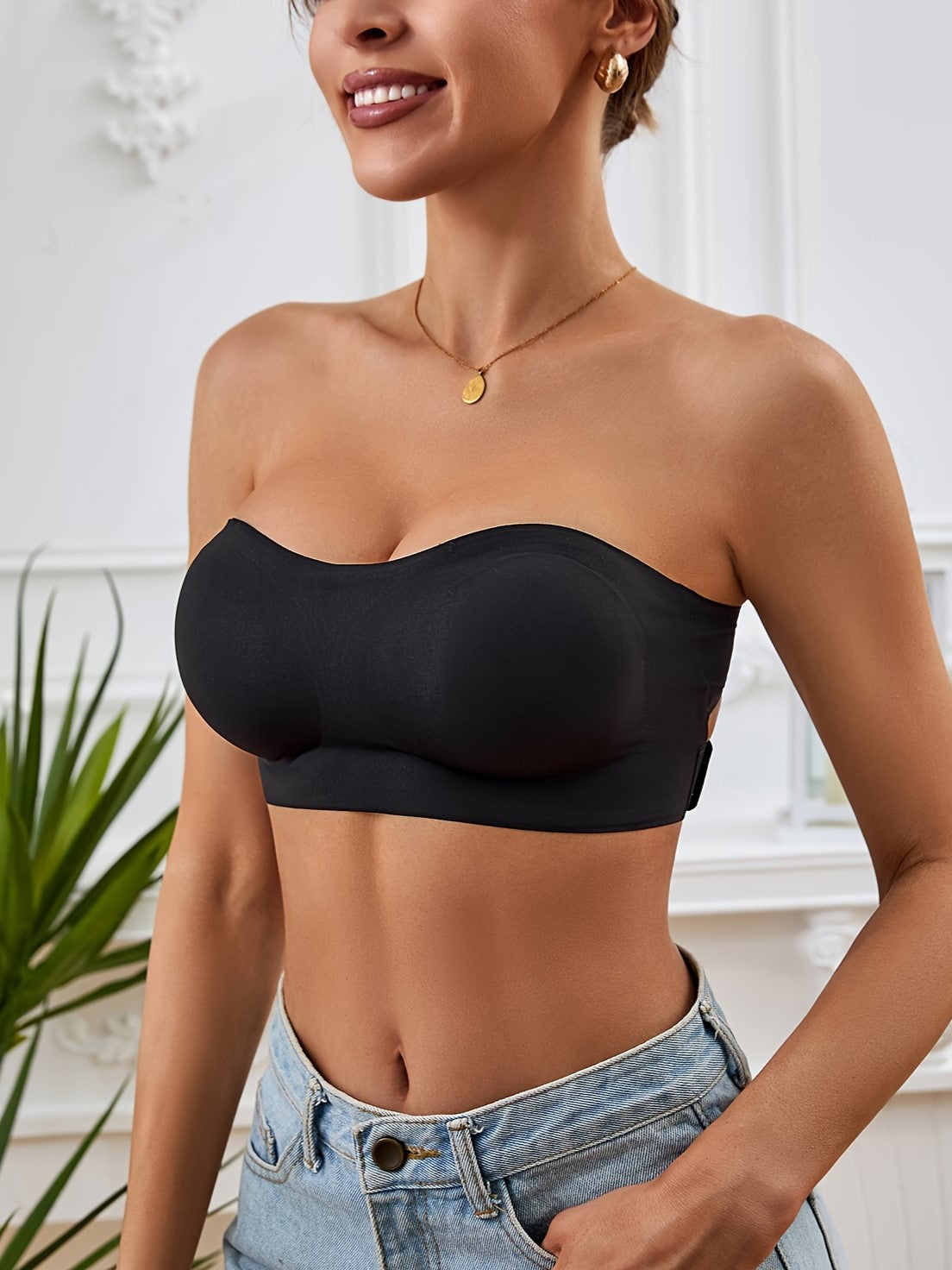 Women's Casual Seamless Simple Side Button Bandeau Bra Black