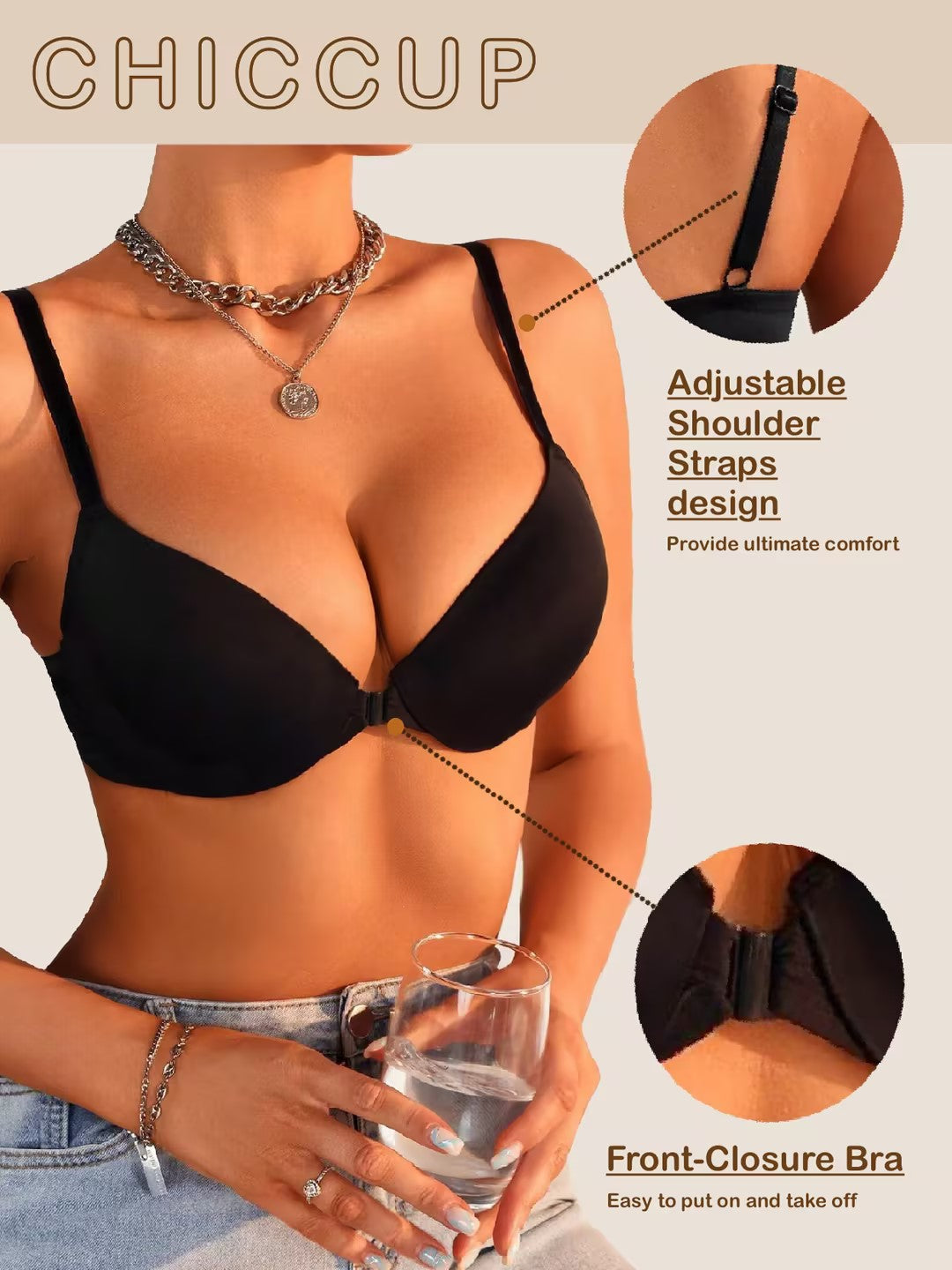 Front Closure Solid Color Adjustable Strap Underwire Bra Black