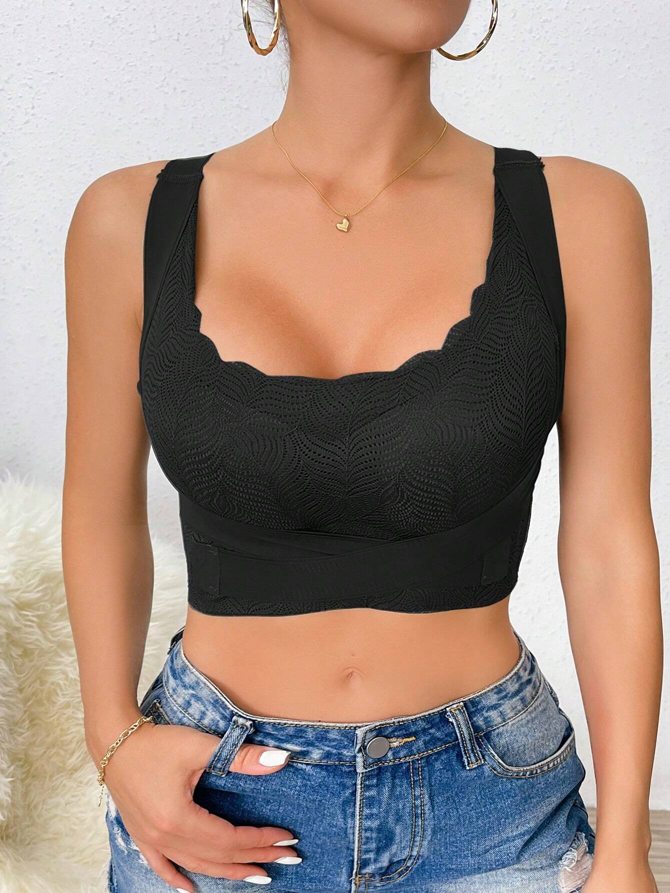 Breathable Criss-Cross Back Lace Wireless Bra Black