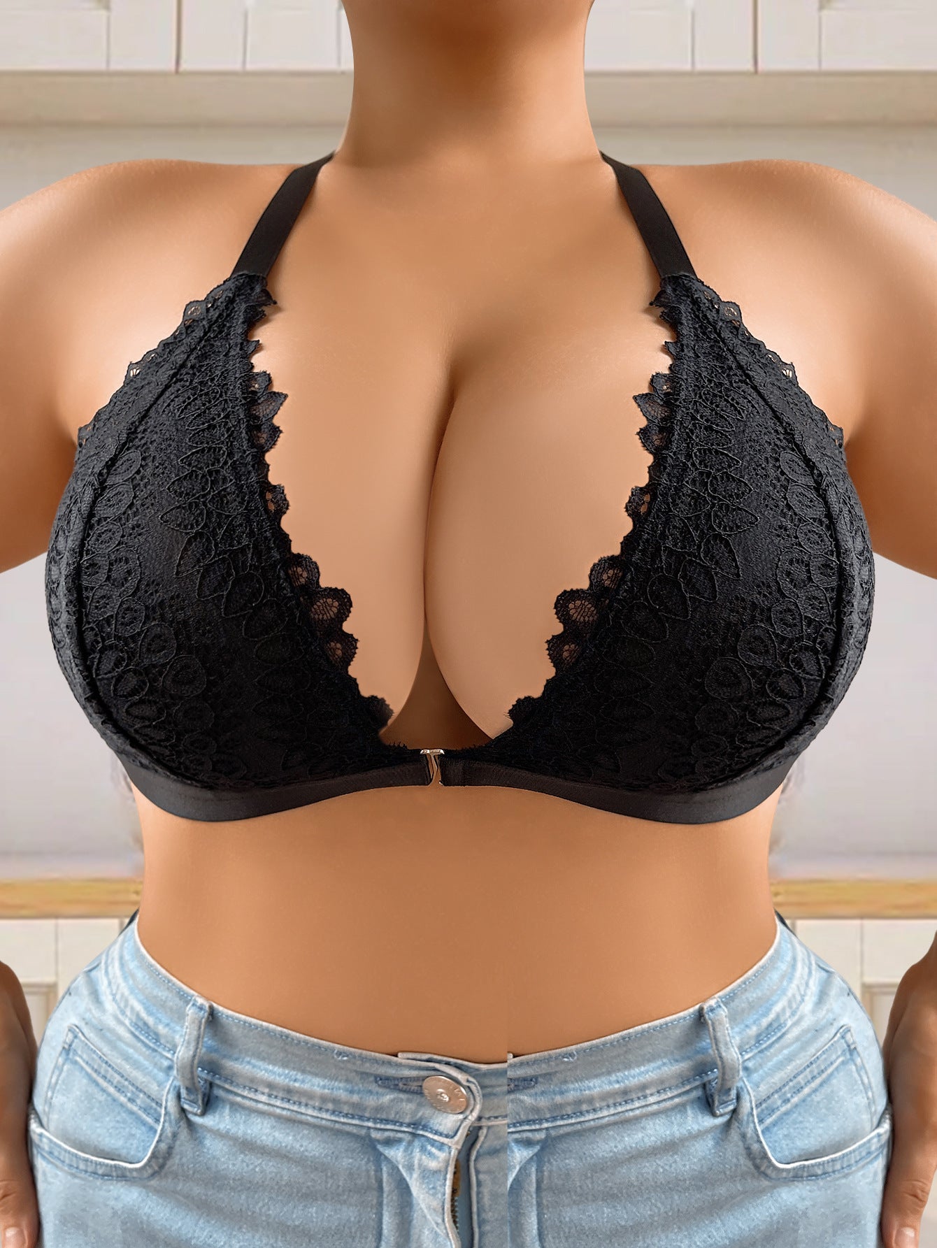 Lace Trim Push-Up Plus Size Bra with Adjustable Thin Y-Straps