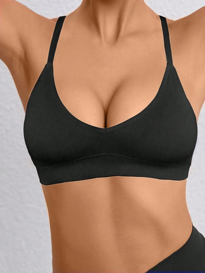 Deep V Solid Color Ribbed Knit Seamless Bra