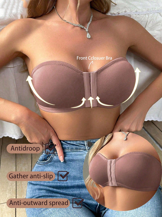 Women's Simple Front Button Multi-Ribbed Wireless Comfortable Non-Reducing Bra RosyBrown