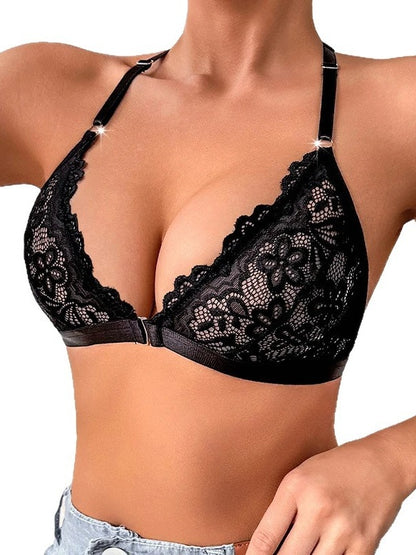 Sexy Lace Front Closure Bra with Breathable Fabric and Open Back Design