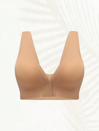 Deep V-Neck Front-Button Solid ColorBra, mit herausnehmbaren Pads Wireless Bra