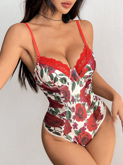 Mesh Floral Pattern Pleated Bodysuit