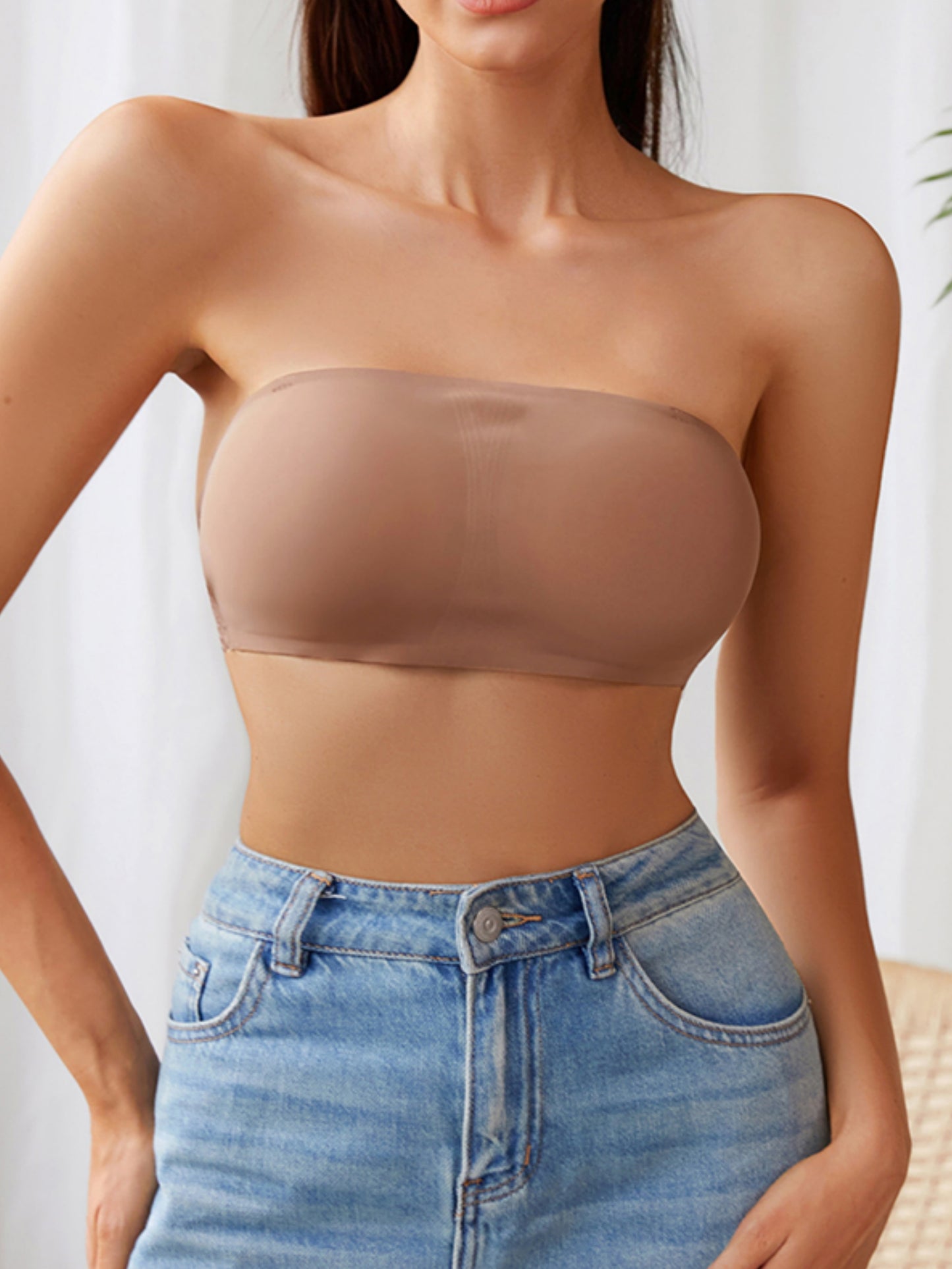 Lace stitching seamless bra, sexy off-shoulder removable transparent shoulder straps Tan