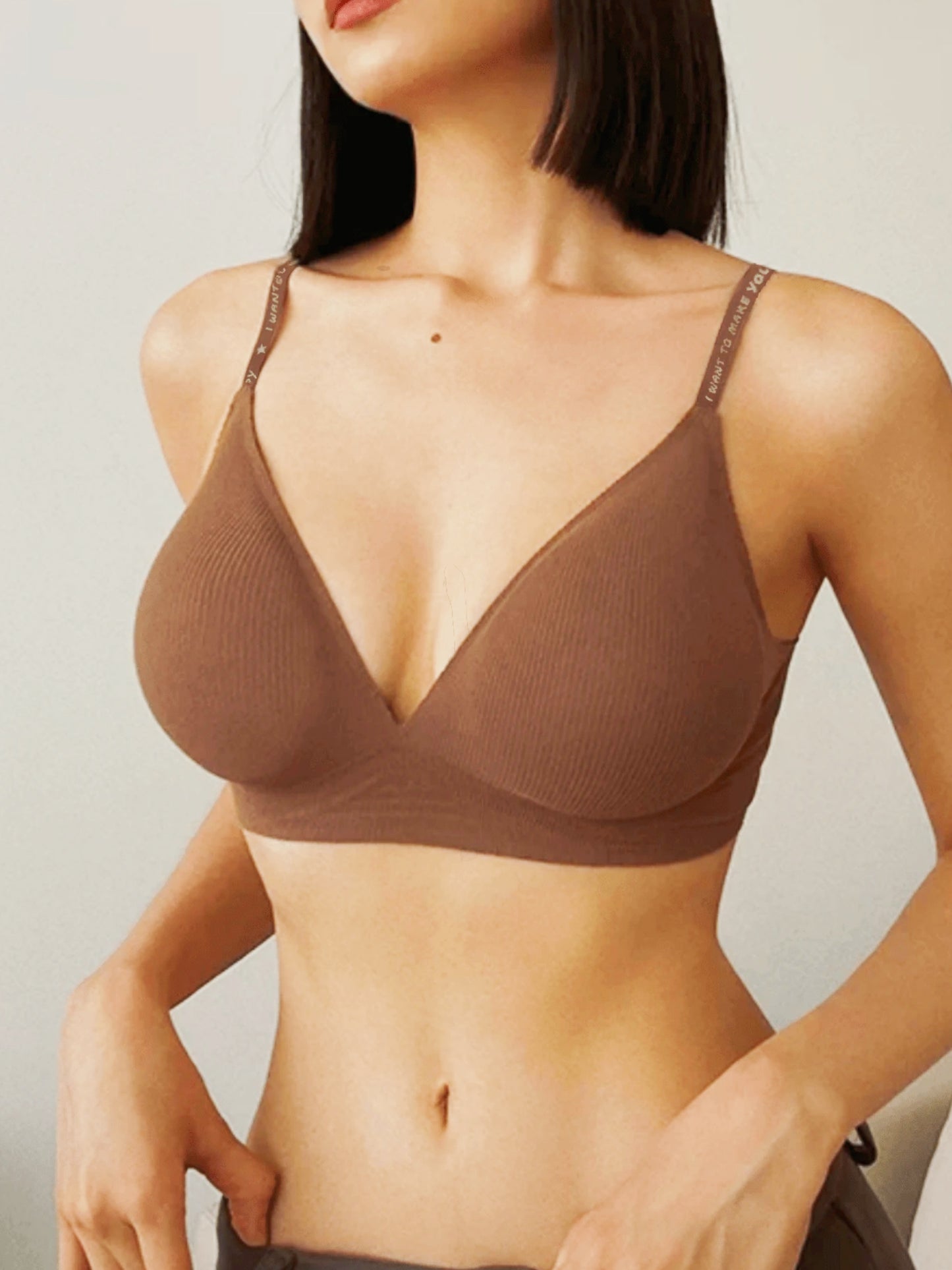 Deep V Push-up Sexy Wireless Bra Brown