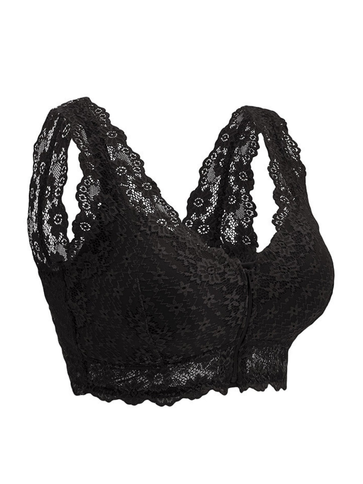 Women's Lace Front Closure Padded Everyday Short Bra，Plus Size Black