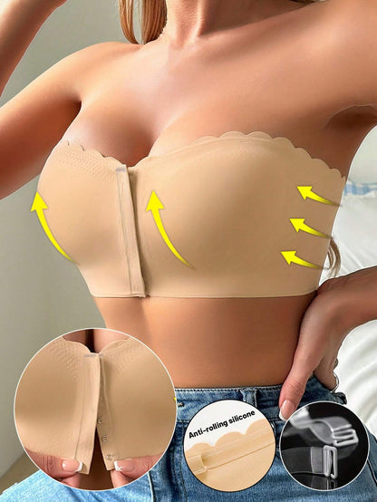 Front Closure Wireless Strapless Bra Beige