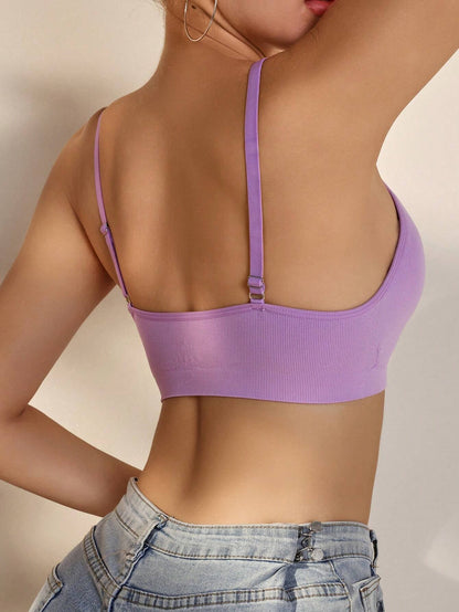 Deep V Solid Color Ribbed Knit Seamless Bra Violet