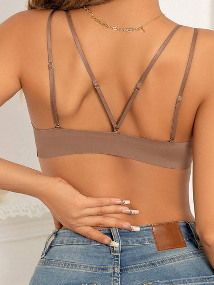 Front Closure Wireless Cross Straps Bra Brown