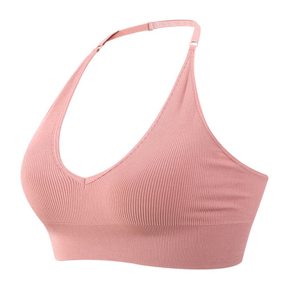 Sexy Deep V Low Back Hanging Neck Yoga Bra Pink