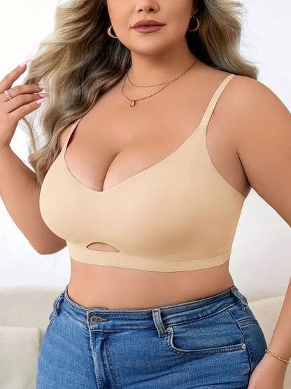 Plus Size Simple Seamless Hollow Out Wireless Bra Cornsilk