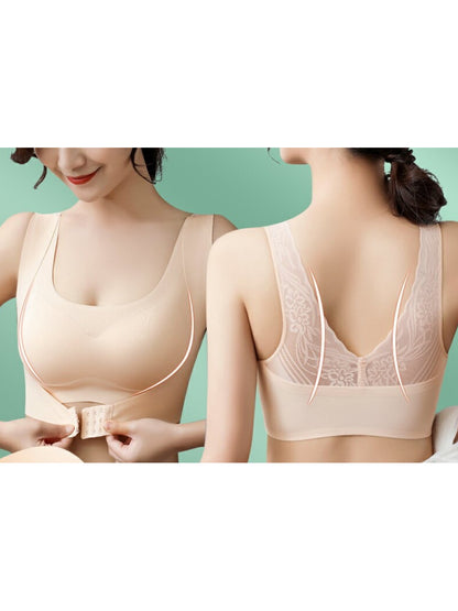 Front Closure Lace Seamless Wireless Bra Padded, Non-Slip, Beautiful Back, Large Sizes Ivory